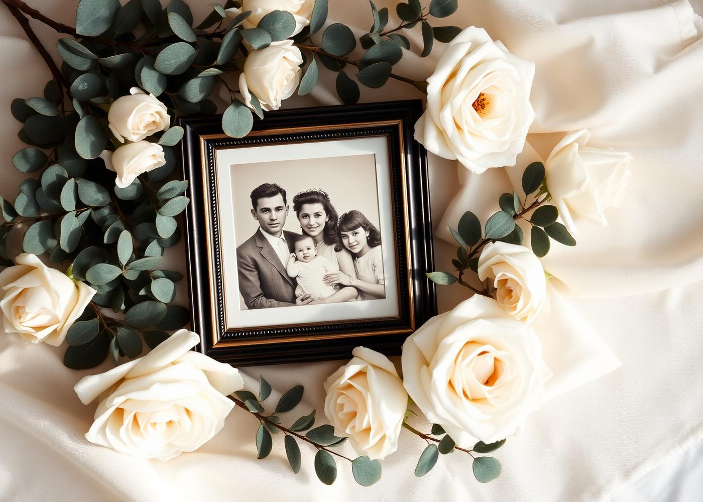 A framed family photograph on ivory linen