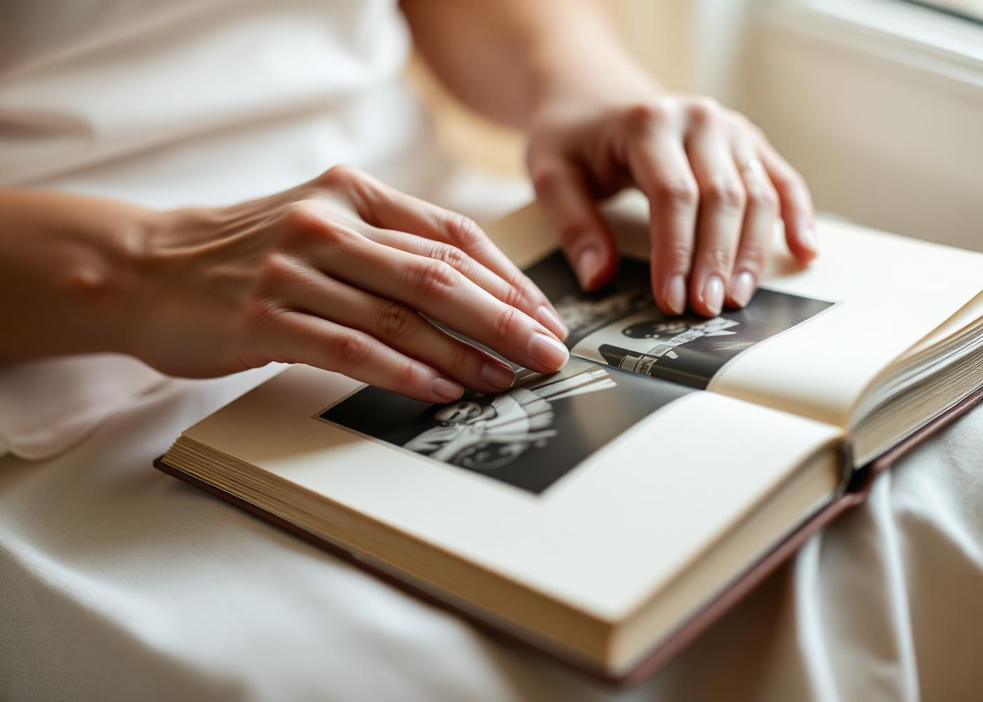 Hands gently turning a photo album